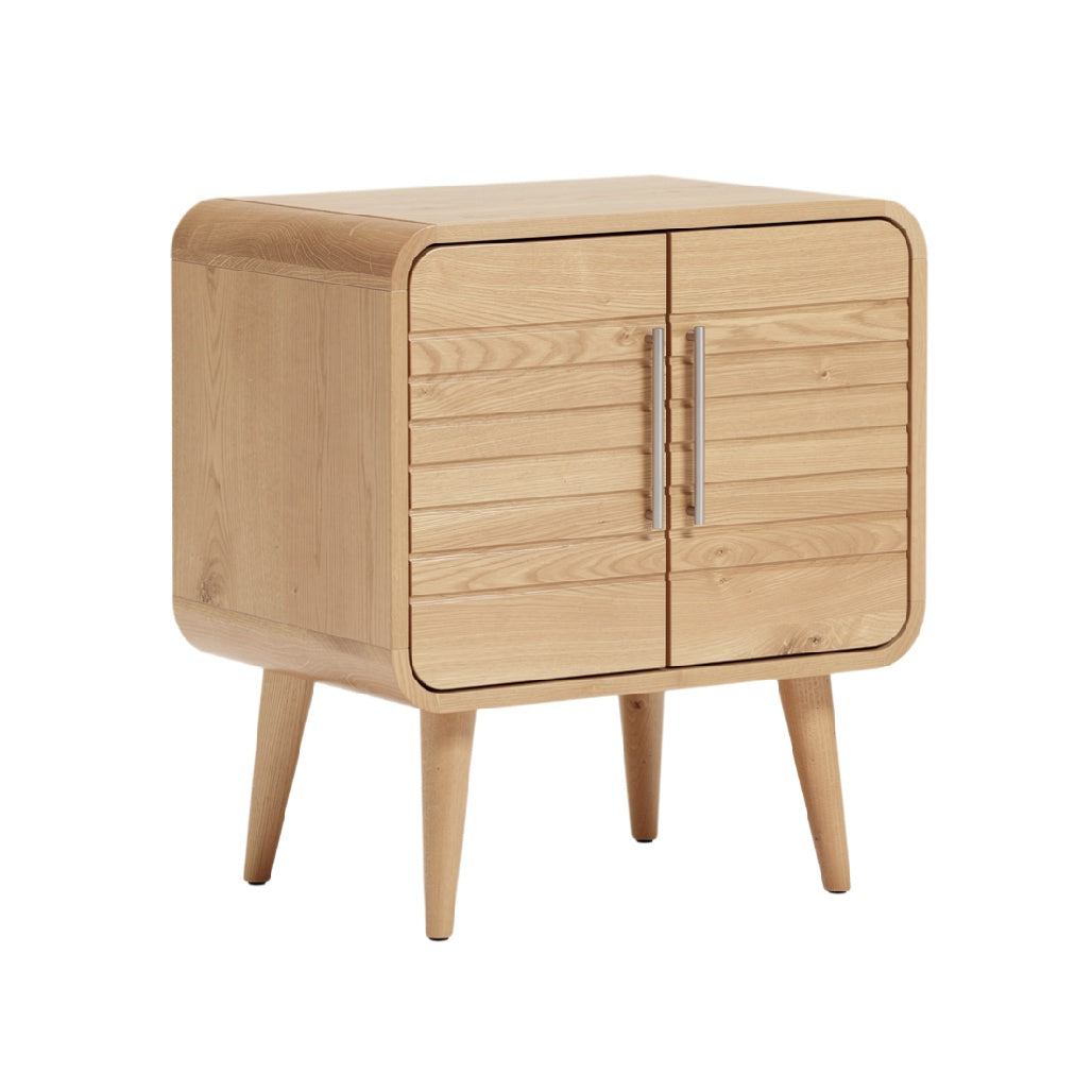 Modern Minimalist Wooden Nightstand with Slatted Design and Metal Handles