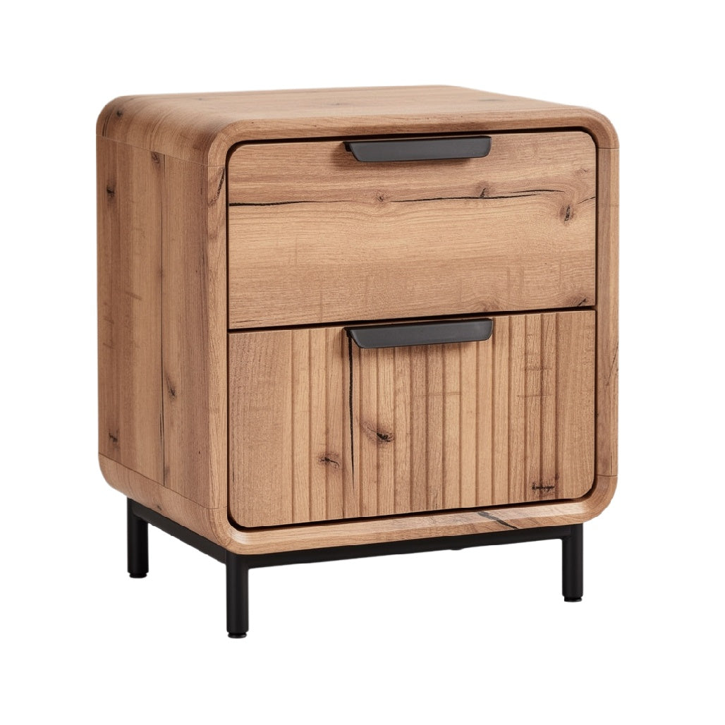 Modern Wooden Nightstand with Two Drawers and Metal Legs